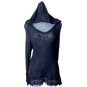 Y2K Bobeau Crochet Embroidered Cutout Lace Hem Knit Hooded Top Black M Goth Cozy